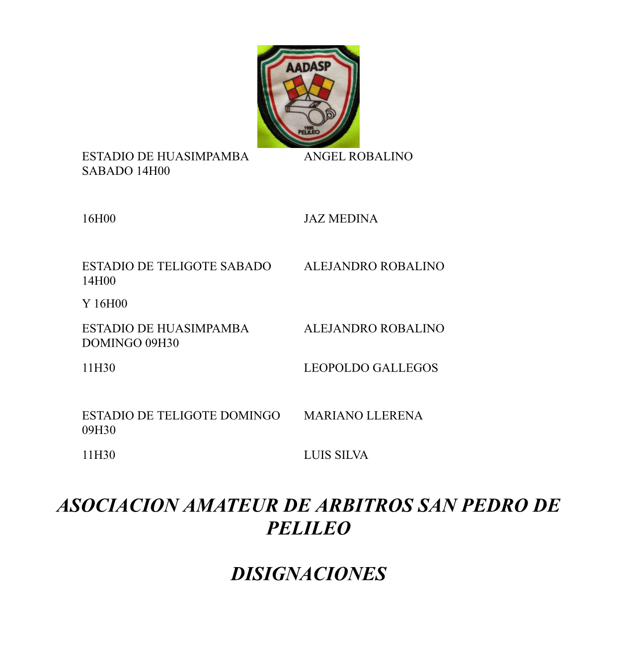 Lista de árbitros: Fecha 1 primera B